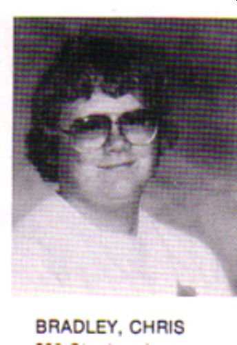 1985 Ford Bronco - A yearbook photo of a young man wearing aviator sunglasses and a collared shirt. The name "BRADLEY, CHRIS" is printed below the photo.