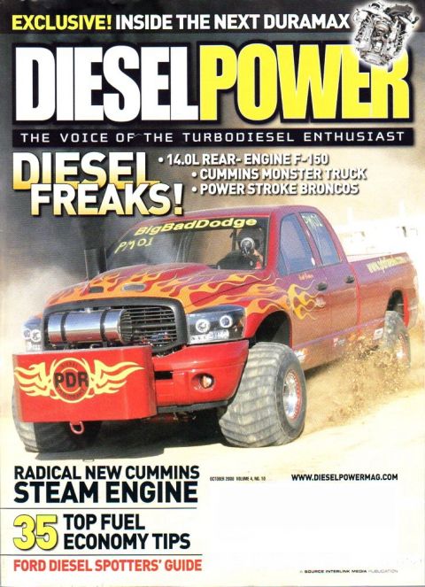 1985 Ford Bronco - A red Dodge Ram pickup truck with flame decals and oversized tires is shown in a dynamic pose, kicking up dirt. The magazine cover highligh…