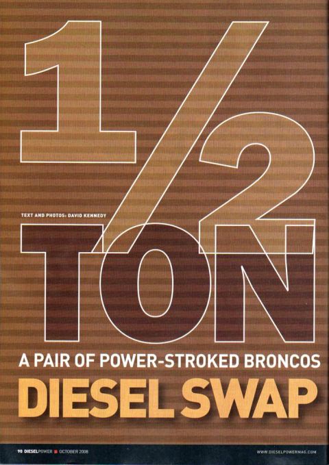 1985 Ford Bronco - This is the cover of Diesel Power Magazine from October 2008. The cover features large text that reads "1 1/2 TON" and "DIESEL SWAP" with t…