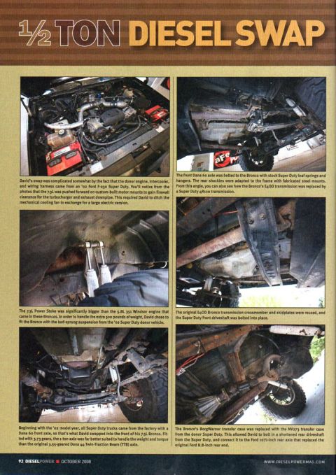 1985 Ford Bronco - The underside of a vehicle shows a custom engine swap with a large diesel engine installed. The engine bay is crowded with the intercooler,…