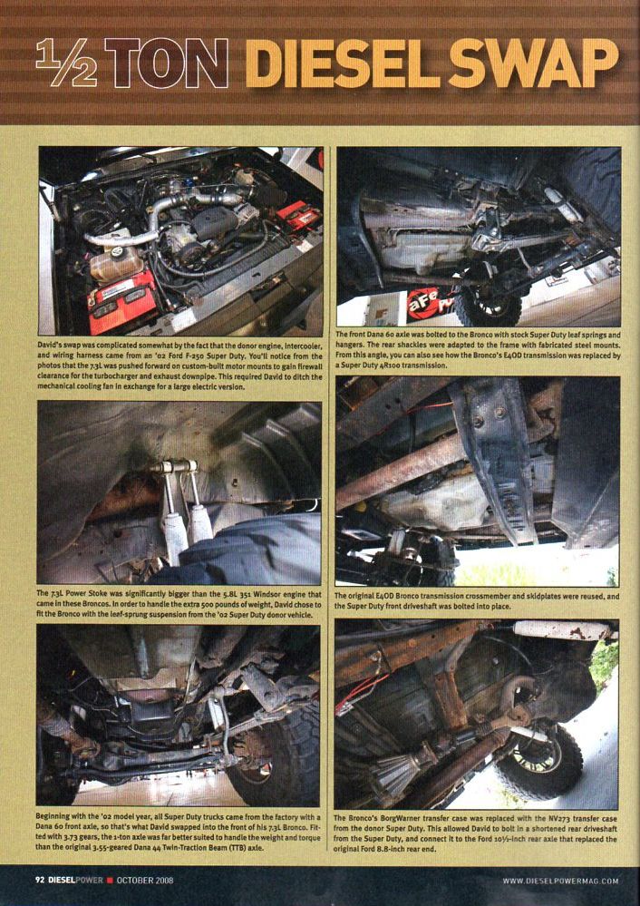 Custom diesel engine swap in a vehicle, showing intercooler and wiring.