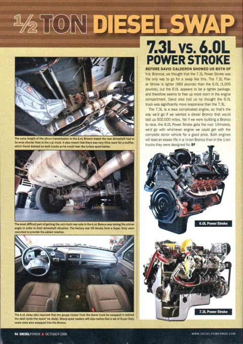 1985 Ford Bronco - The 6.0L Power Stroke engine is shown installed in a Ford Bronco, with the exhaust and drivetrain components visible underneath.