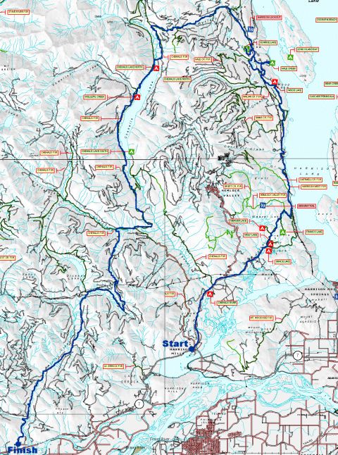 1985 Ford Bronco - This is a map showing a route with start and finish points marked. The route appears to be a trail or road network in a mountainous and for…