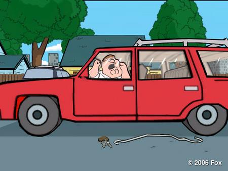 1985 Ford Bronco - A cartoon character is driving a red station wagon with a roof rack. Keys and a leash lie on the ground next to the car.