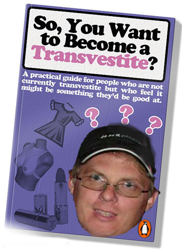 1985 Ford Bronco - The image shows the cover of a book titled "So, You Want to Become a Transvestite?" with a man's face superimposed on it.