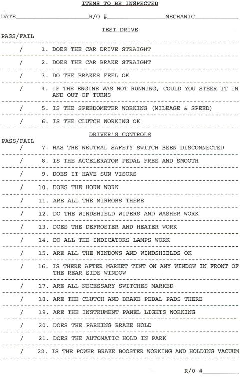 1985 Ford Bronco - This is a vehicle inspection checklist document, detailing items to be inspected during a test drive and driver's controls. It includes sec…