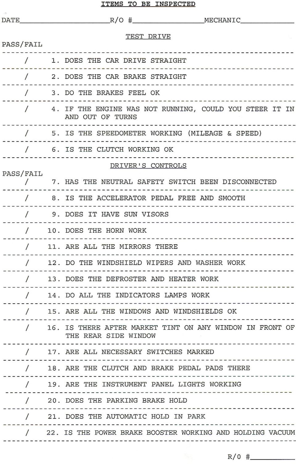 Items To Be Inspected checklist, test drive and driver's controls items 1-22 with pass/fail columns