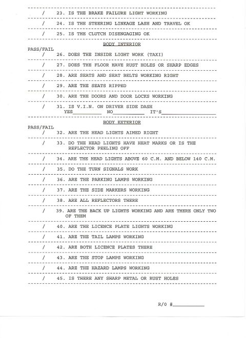 1985 Ford Bronco - This is a document that appears to be a vehicle inspection checklist. It contains numbered questions about various vehicle components and s…