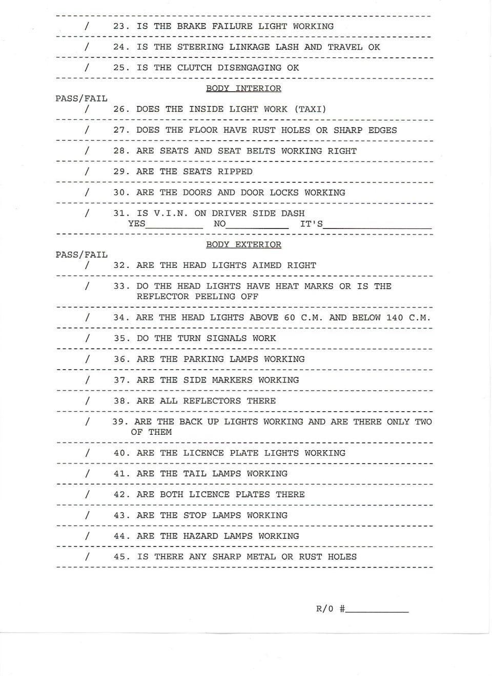 Vehicle inspection checklist document
