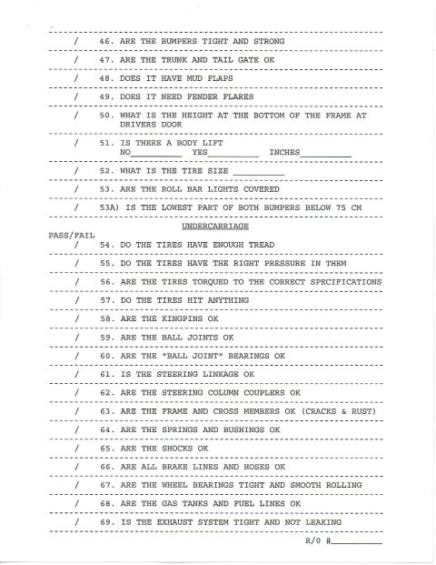 1985 Ford Bronco - This is a document that appears to be a vehicle inspection checklist. It contains a list of questions and checkboxes related to the conditi…