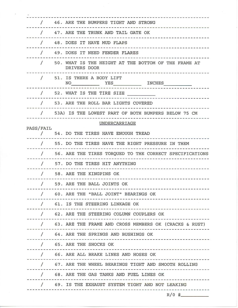 Vehicle inspection checklist with questions about vehicle parts and condition.