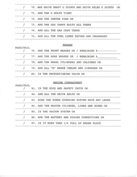 1985 Ford Bronco - This is a document listing inspection points for a vehicle, categorized under 'BRAKES' and 'ENGINE COMPARTMENT'. It includes numbered check…