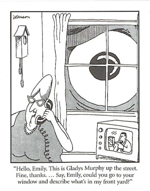 1985 Ford Bronco - A woman is on the phone, looking out a window at a giant eyeball. On a television screen in the foreground, a man is holding up a box.