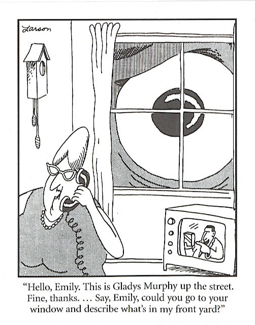 Woman on phone looking at giant eyeball outside window, man on TV holding box.