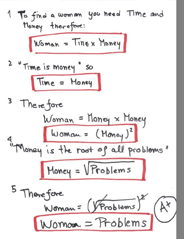 Handwritten math derivation: Woman = Problems