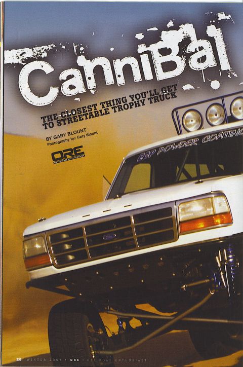 1985 Ford Bronco - Magazine feature spread titled "Cannibal" from Off-Road Enthusiast (Winter 2007), showing a white Ford truck with round off-road lights on…