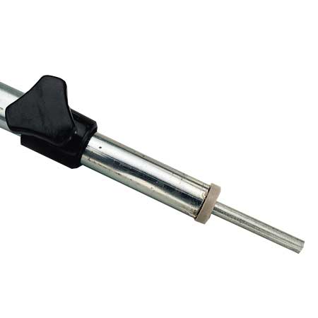 1985 Ford Bronco - A close-up view shows a black plastic clamp mechanism attached to a silver metal pole, with a smaller metal rod extending from the end.