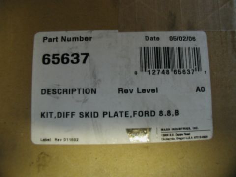 1985 Ford Bronco - A label is shown with the part number 65637 and the description KIT,DIFF SKID PLATE,FORD 8.8,B. The date on the label is 05/02/06.