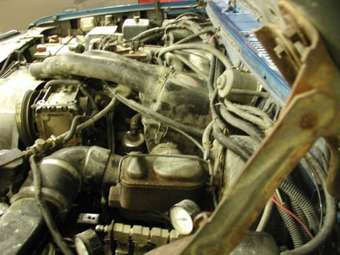 1985 Ford Bronco - A close-up view of a dusty engine bay, showing various hoses, the brake fluid reservoir, and a pressure gauge.