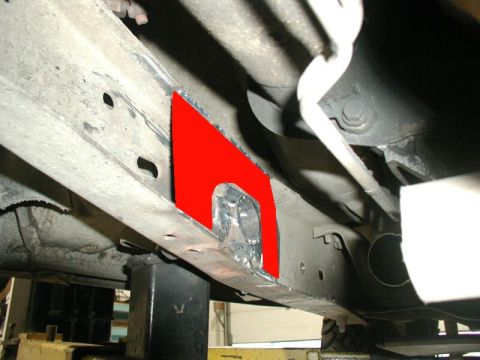 1985 Ford Bronco - If I were to remove the ,aterial in red, this would allow the frame to flex as it wants to, but still keep strength around the shackle tube.