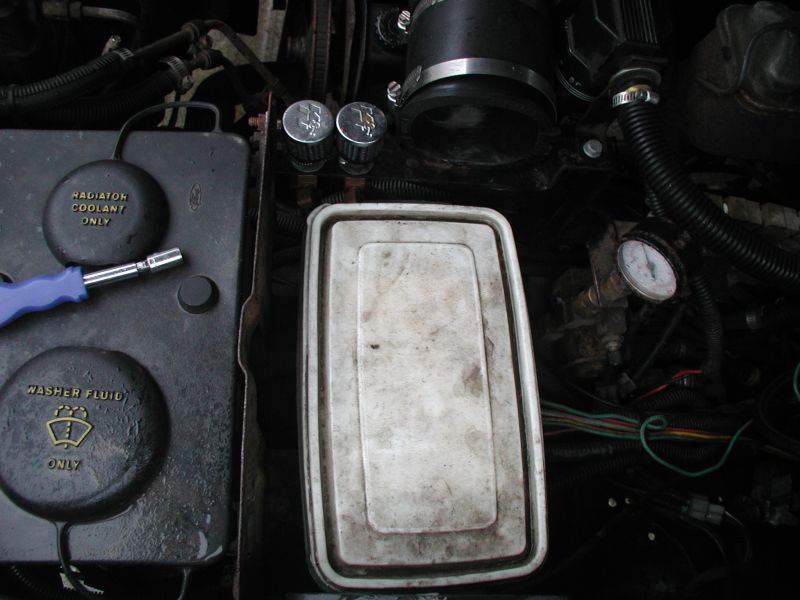 Engine bay with coolant and washer fluid caps, tool, white container, and gauge.