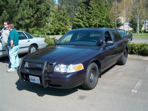 2001 Ford Crown Victoria - A 2001 Ford Crown Victoria police car is parked in a lot with another vehicle nearby.