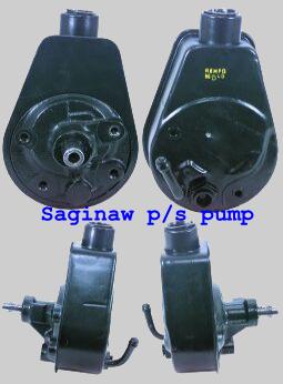 1985 Ford Bronco - Four views of a black Saginaw power steering pump. Text on the image reads "Saginaw p/s pump".