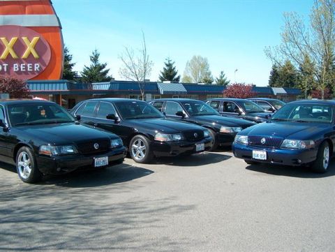 2001 Ford Crown Victoria - A group of Ford Crown Victorias, mostly black with one blue, are parked together in a lot near a building with a large sign.