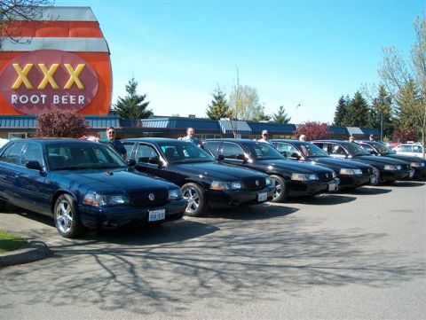2001 Ford Crown Victoria - A row of Ford Crown Victoria police cars are parked outside a XXX Root Beer establishment.