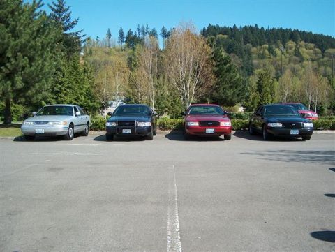 2001 Ford Crown Victoria - Several police interceptor sedans are parked in a lot with trees and a hill in the background.