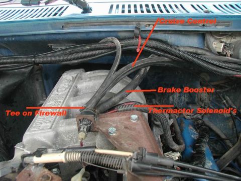 1985 Ford Bronco - A close-up view of the engine bay of a 1985 Ford Bronco, showing various hoses and components labeled with text overlays.