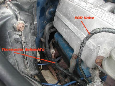 1985 Ford Bronco - A close-up view of engine components in a vehicle, specifically labeling the EGR Valve and a Thermactor Solenoid's.