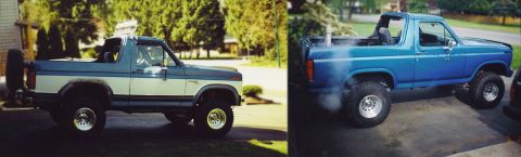 1985 Ford Bronco - Two views of a lifted Ford Bronco. The left side shows the rear quarter panel and spare tire, while the right side shows the rear of the ve…