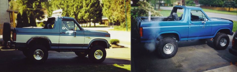 Lifted Ford Bronco, side and rear views, with exhaust smoke on the right.