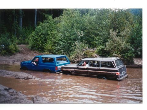 1985 Ford Bronco - A blue Ford Bronco and a brown Jeep Grand Wagoneer are partially submerged in a muddy body of water, surrounded by trees.