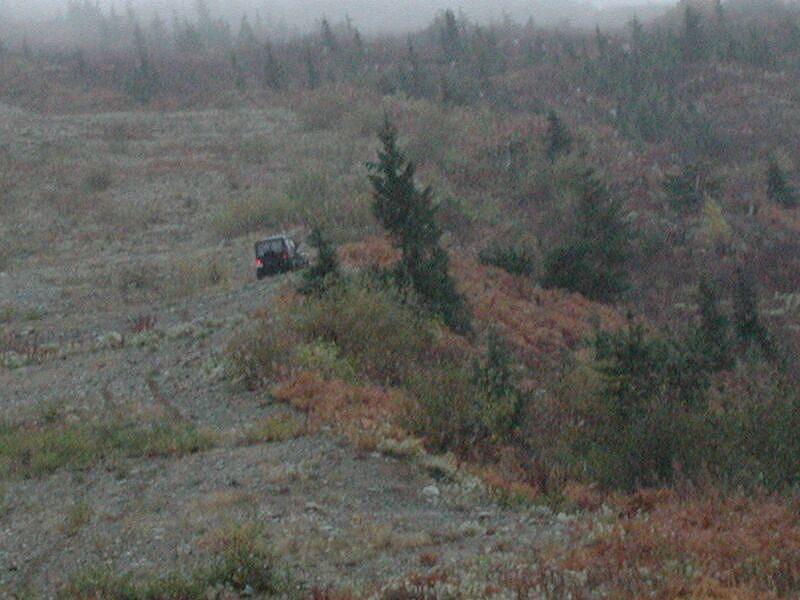 Dark SUV parked on a rocky, overgrown hillside with trees.