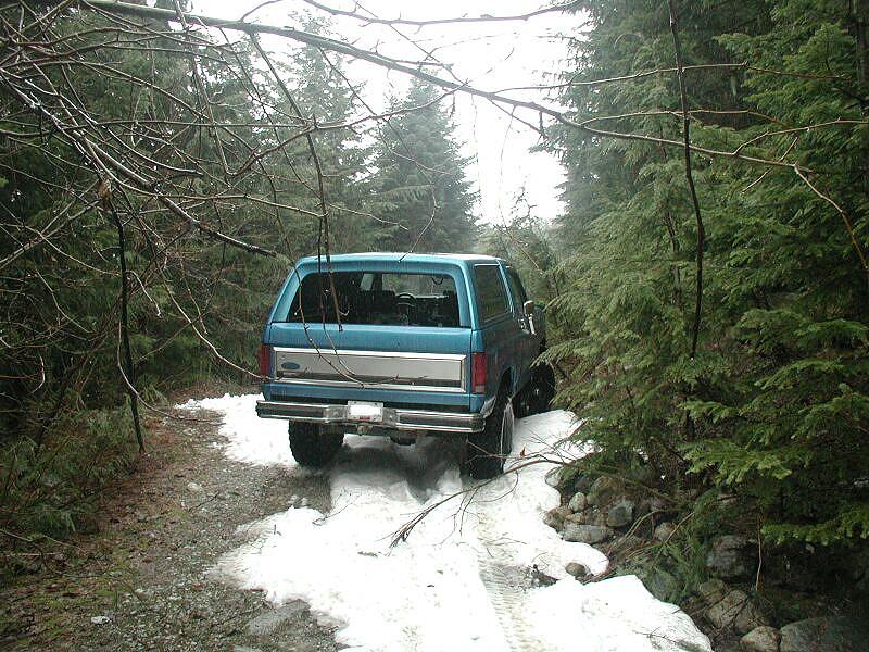 Teal Ford Bronco on a snowy trail in a forest.