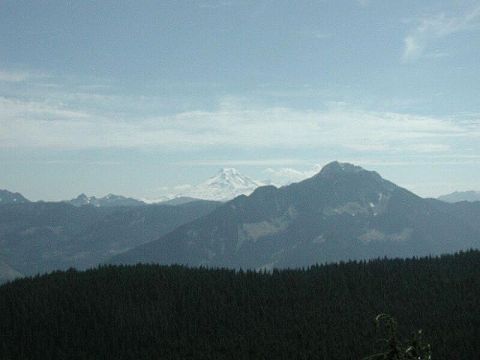 1985 Ford Bronco - A wide shot of a mountainous landscape with a dense forest in the foreground and a snow-capped mountain peak in the distance.