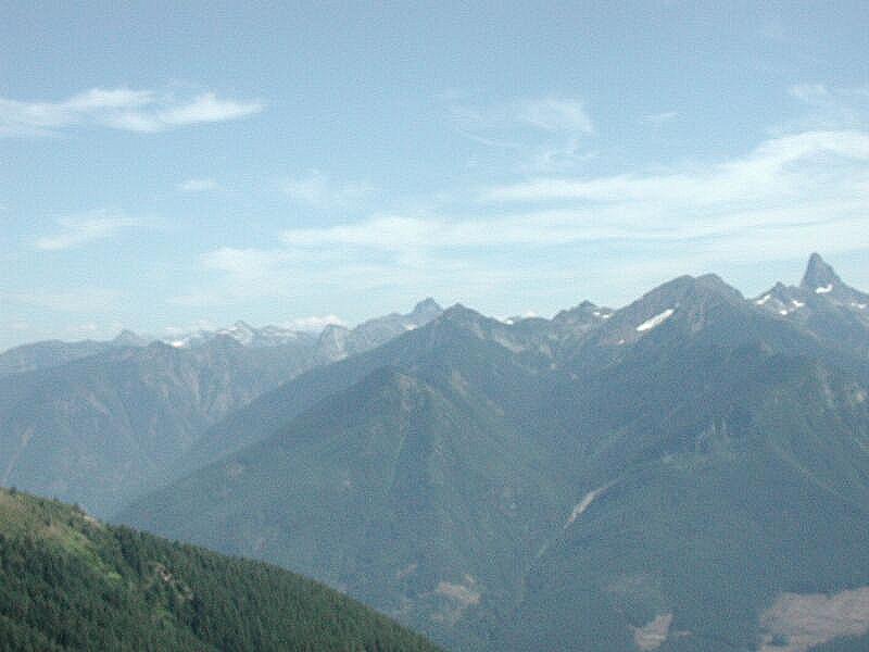 Mountain range with scattered clouds and a tree-covered slope in the foreground.