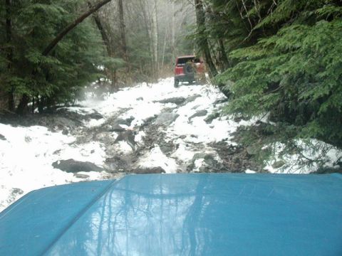 1985 Ford Bronco - The front of a blue vehicle is visible in the foreground, reflecting the trees and sky. In the background, a red SUV drives on a muddy, sno…