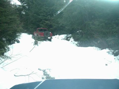 1985 Ford Bronco - A red pickup truck with a spare tire mounted on the rear is driving up a snowy hill in a wooded area. The vehicle is partially obscured by…