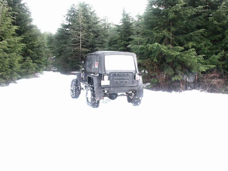 Modified Jeep Wrangler with large tires driving on a snowy path through evergreen trees.