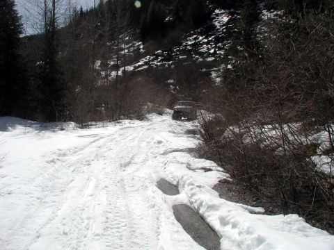 1985 Ford Bronco - A 1985 Ford Bronco is seen driving on a snow-covered dirt road in a wooded, mountainous area. The vehicle is partially obscured by trees an…