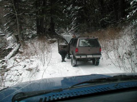 1985 Ford Bronco - Time for some snow boots. This is the "old" road to the Clear Creek Hotsprings.