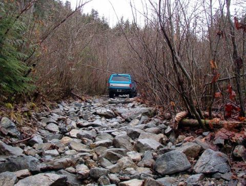 1985 Ford Bronco - A blue 1985 Ford Bronco is navigating a rocky, wooded trail. The vehicle is seen from the rear, driving away from the camera.