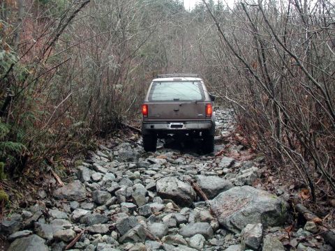 1985 Ford Bronco - A brown Ford Bronco drives down a rocky, wooded trail. The vehicle is viewed from the rear as it navigates the rough terrain.