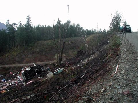 1985 Ford Bronco - A wrecked 1985 Ford Bronco lies on its side amidst debris on a wooded hillside, with two people standing on a dirt road above.