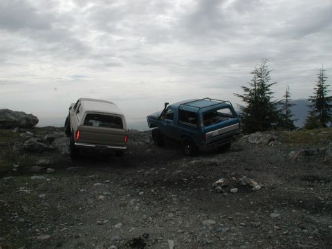 1985 Ford Bronco - Two off-road vehicles, a tan pickup truck with a camper shell and a blue SUV, are parked on a rocky mountain trail with pine trees and a cl…
