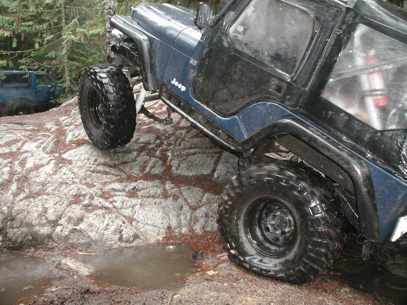 Dark blue Jeep on rocks