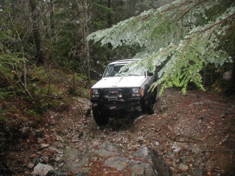 1985 Ford Bronco - A white Jeep Cherokee is navigating a rocky, wooded trail in what appears to be wet weather. The vehicle is angled towards the viewer's rig…